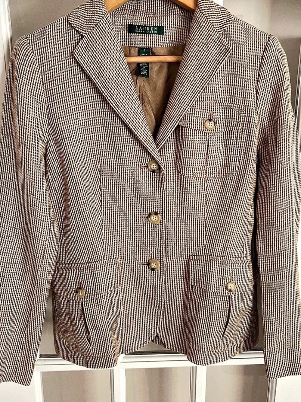 Lauren Ralph Lauren Houndstooth Linen Blazer in Brown & White Size 4.